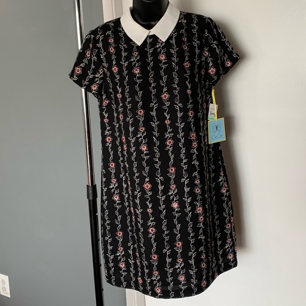 NWT CeCe blck/pink/green floral white collar dress